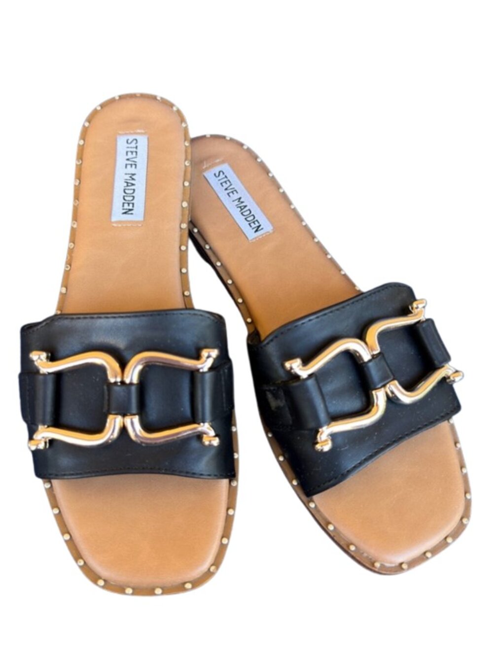 Steve Madden Alita Faux Leather Slide Sandals Size 8 Black Gold Chain Buckle